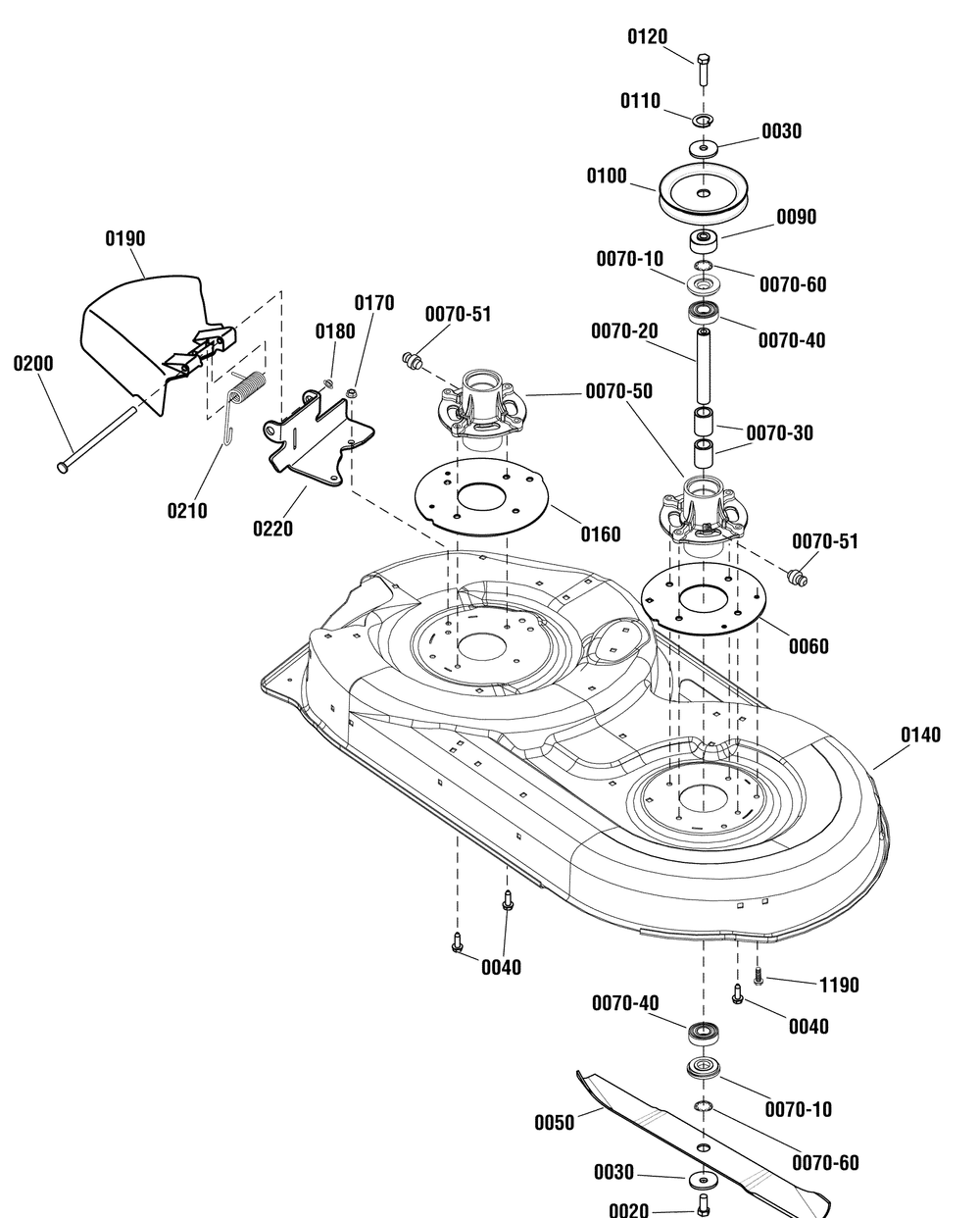 42" Mower Deck - Housing, Arbors And Blades Group Diagram and Parts List for 2691041-01-EZT2042 2012 Briggs and Stratton Lawn Tractor Accessories